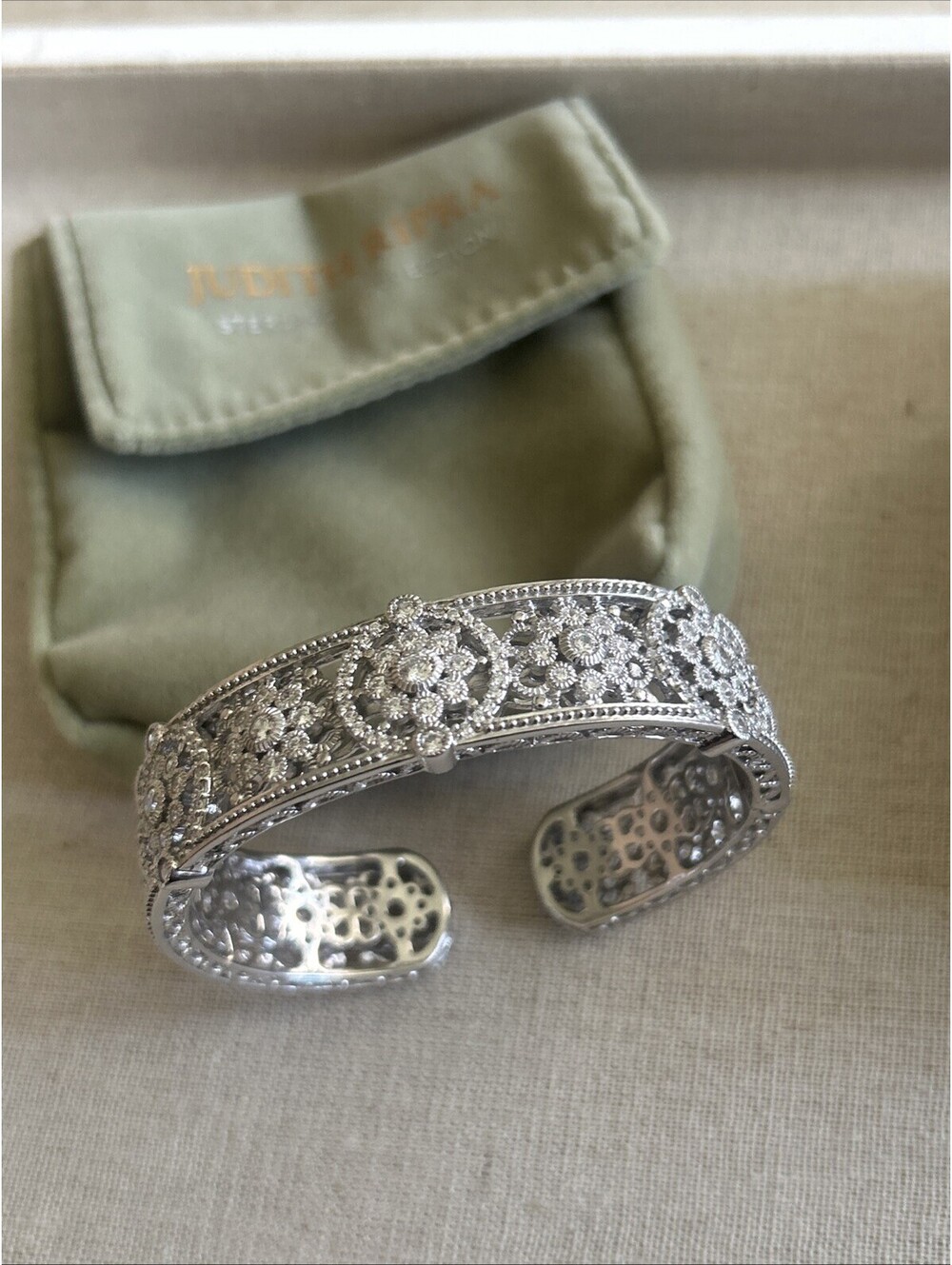 JUDITH RIPKA Sterling Silver Round-Cut C Z Flower Adjustable Cuff Bracelet 7"